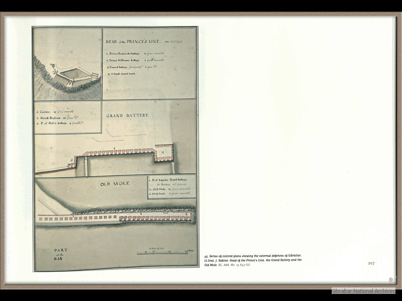 1732-Series-of-coloured-plans-shewing-the-external-defences-of-Gibraltar_Lt-Gral-J-Sabine_Head-of-Princes-Lines-The-grand-Battery-and-Old-Mole